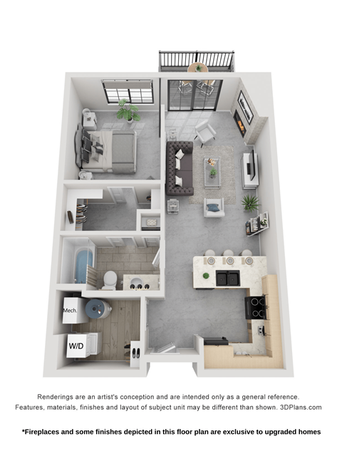 Floor plan for 1 bed, 1 bath, 735 sqft